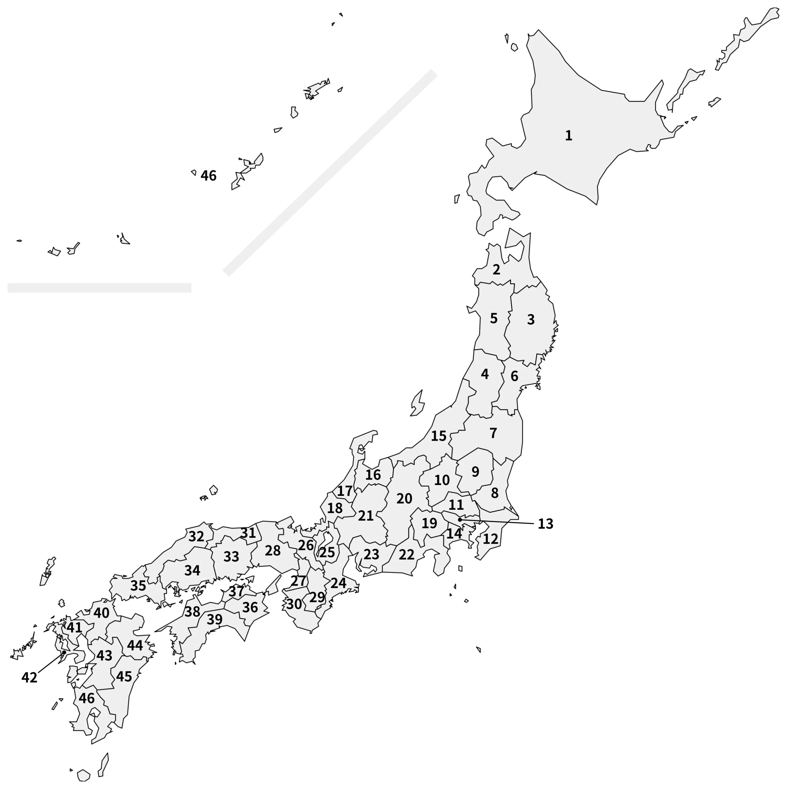 都道府県クイズプリント 全国版の番号付き日本地図