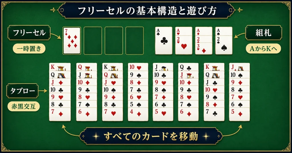 フリーセルのフリーセル・タブロー・組札の役割を説明する図解