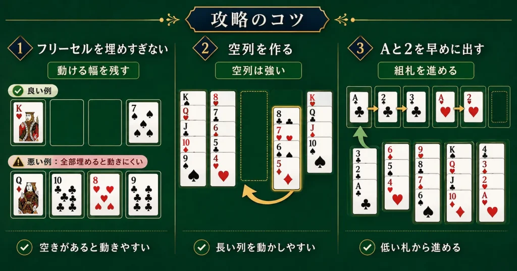 フリーセル攻略で空きセルと空列を活用するコツの図解