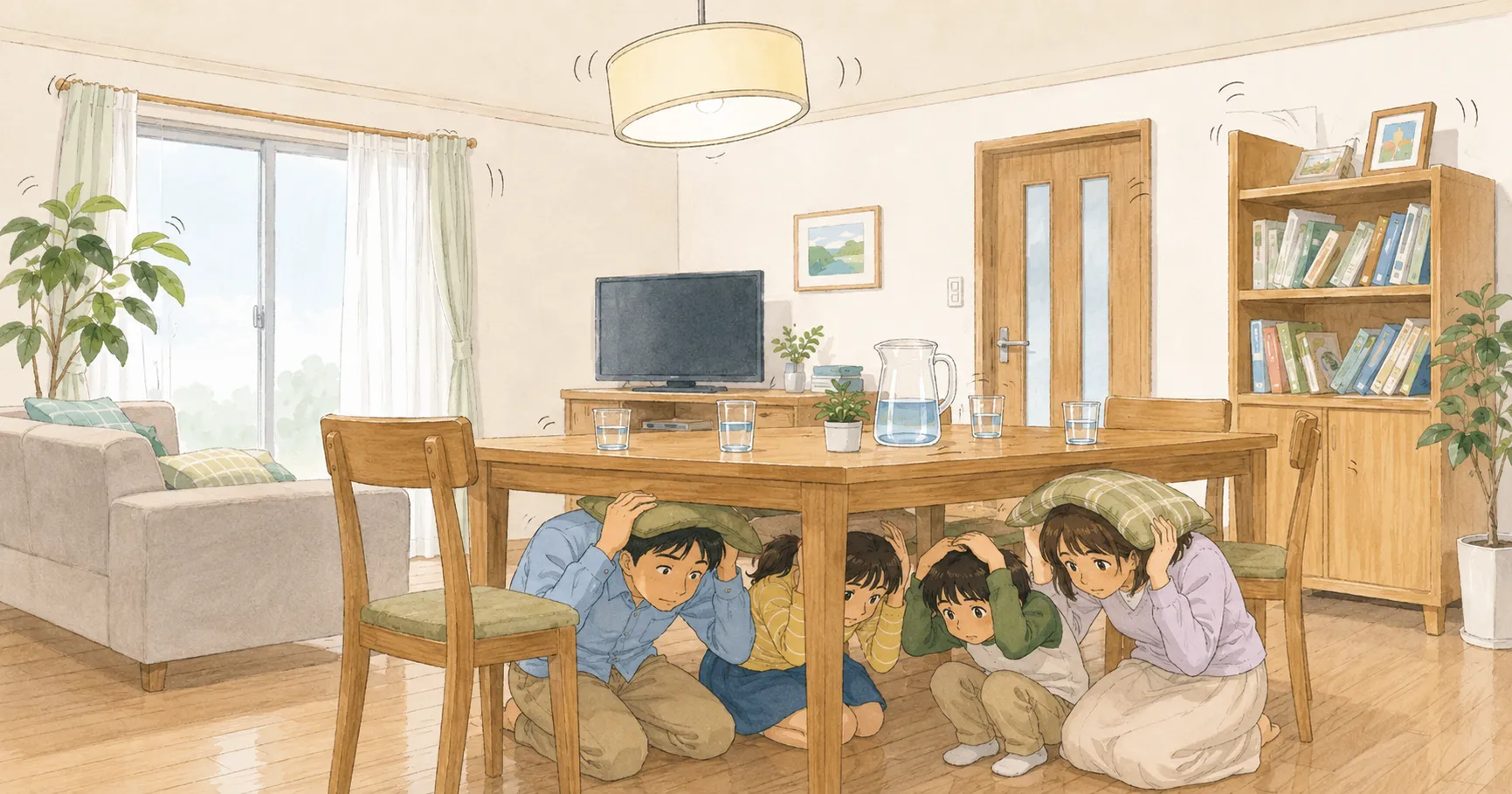 地震の際に机の下で頭を守り身の安全を確保する4人家族のイラスト