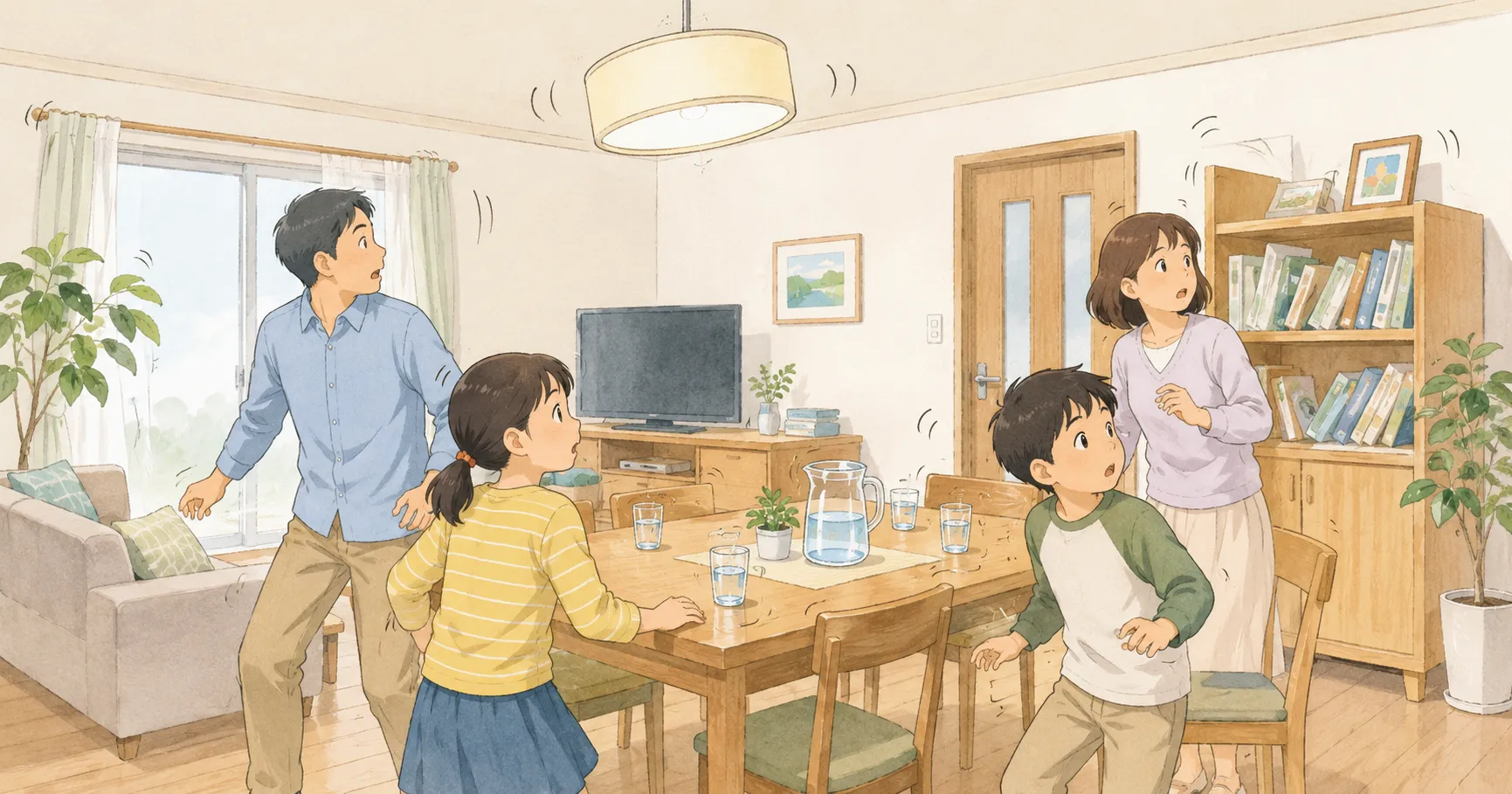 地震の揺れが起きたリビングで驚く4人家族のイラスト