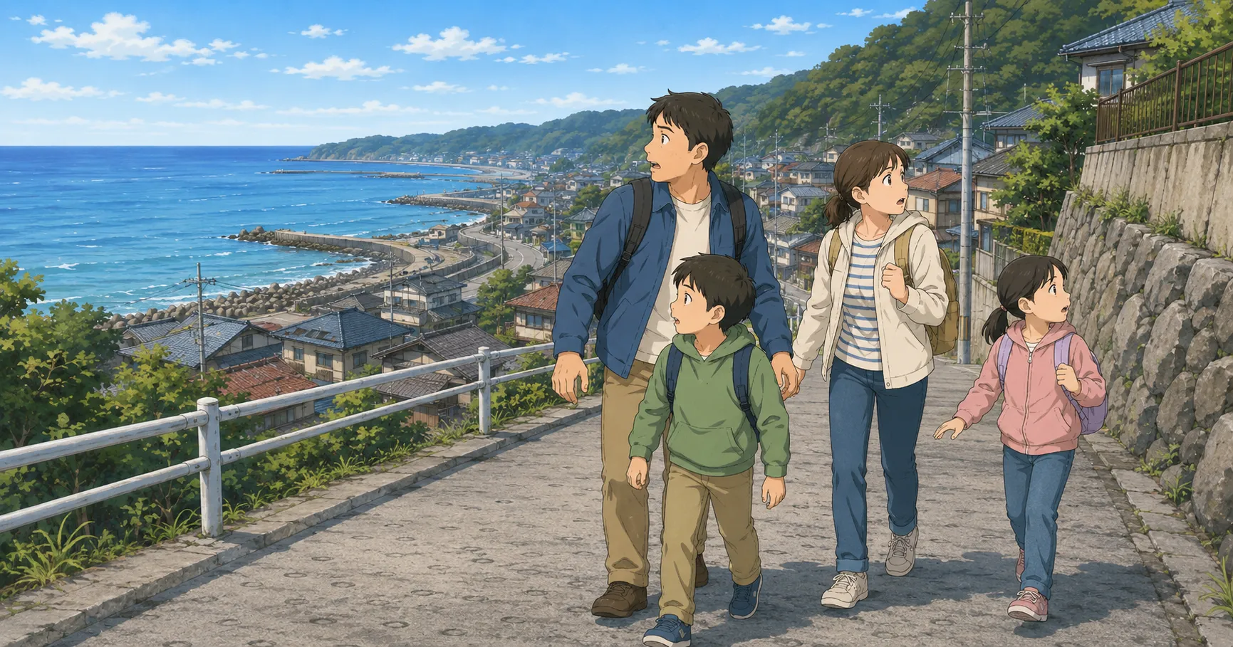海辺から離れて高台へ避難する親子のイラスト