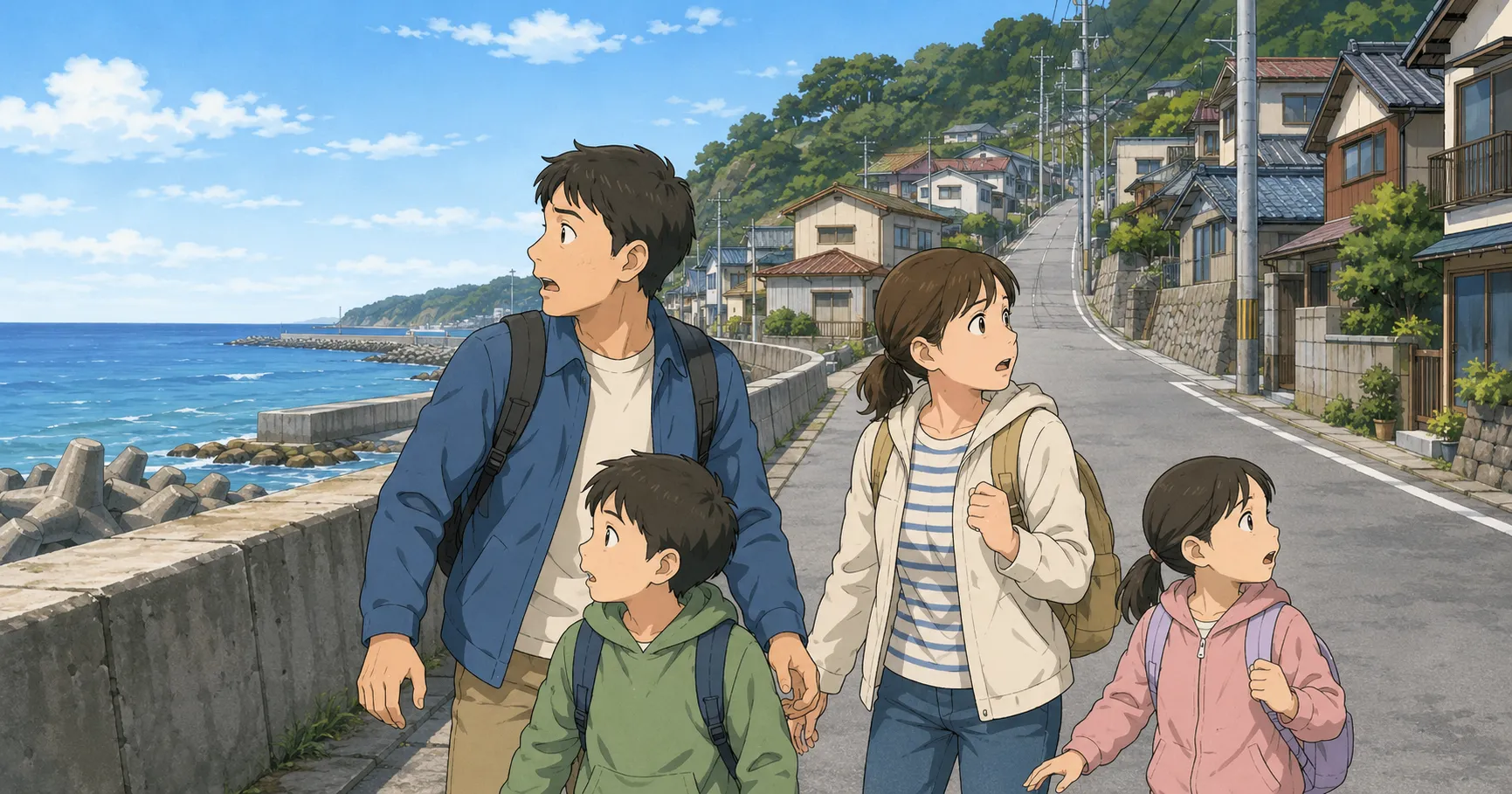海沿いの町で揺れを感じて驚く親子のイラスト