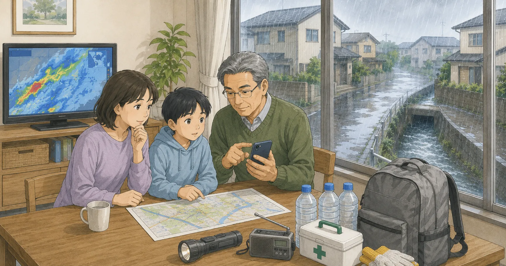 大雨のとき外に出ず室内で防災情報とハザードマップを確認する家族のイラスト