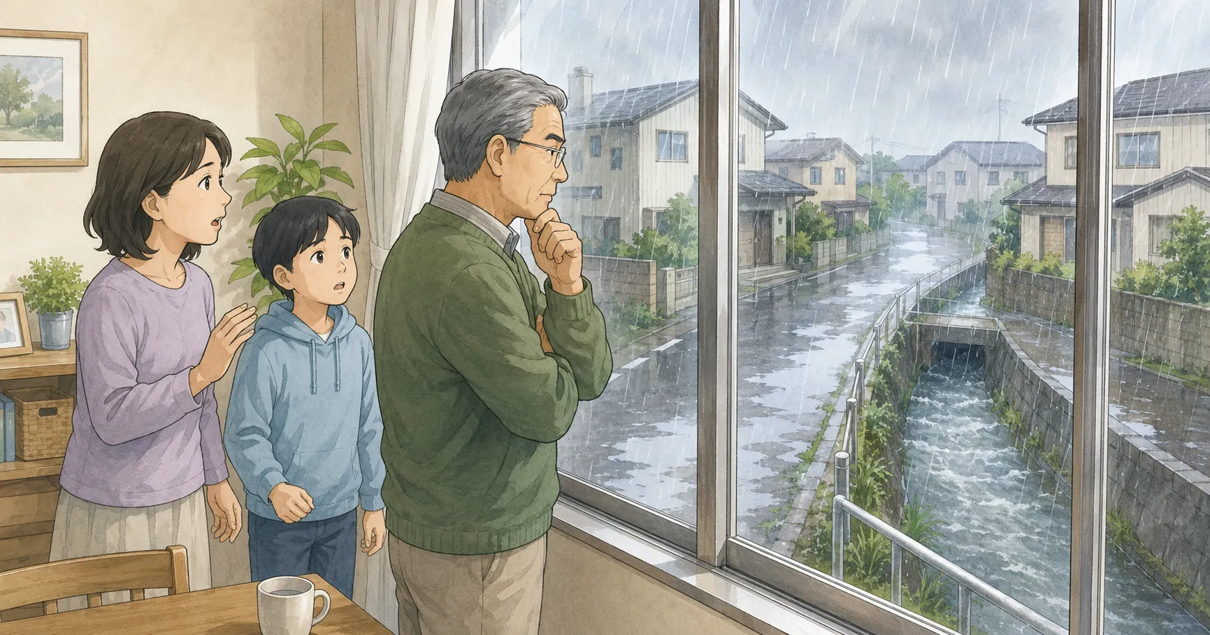 大雨の中で川や用水路の様子を気にする家族のイラスト