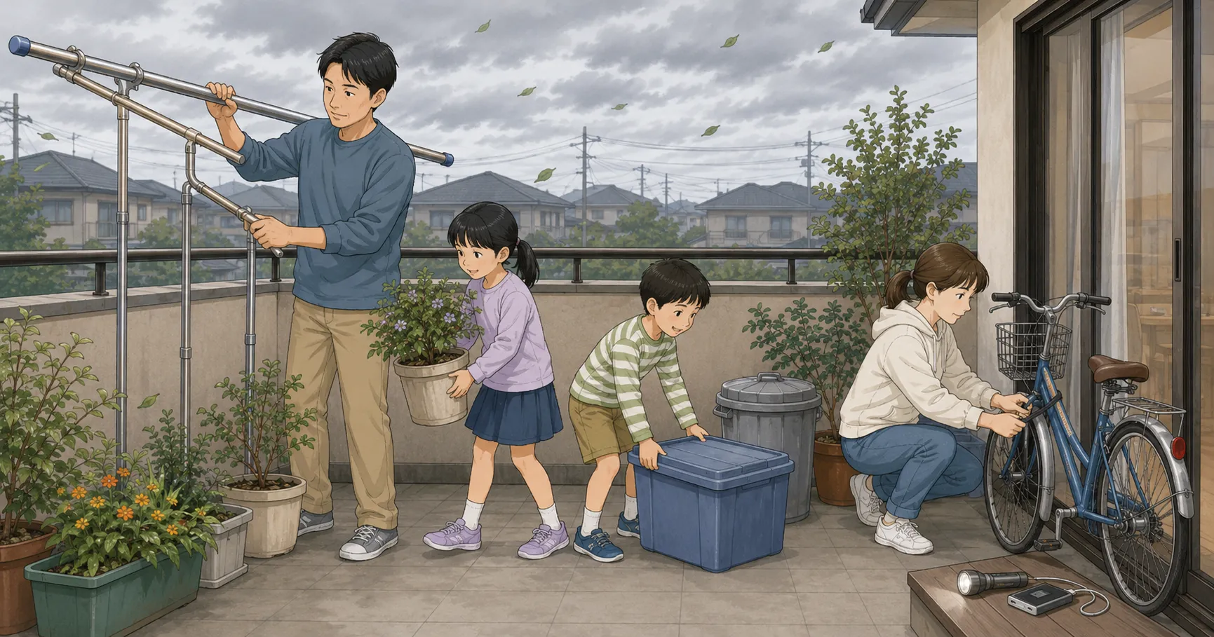 台風前に物干し竿や植木鉢を片付けて備える家族のイラスト