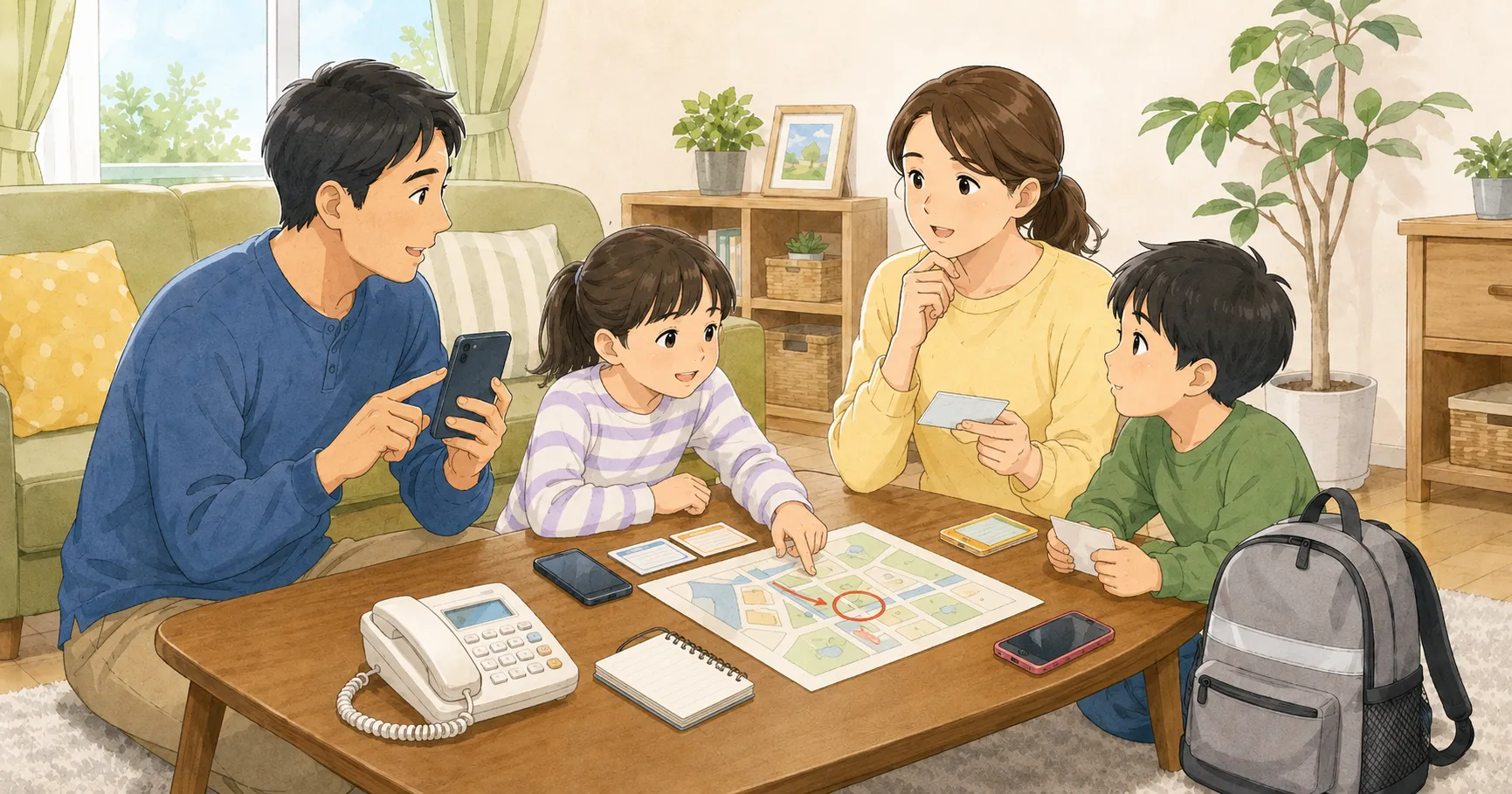 災害時の安否確認方法と家族の連絡先を確認する家族のイラスト