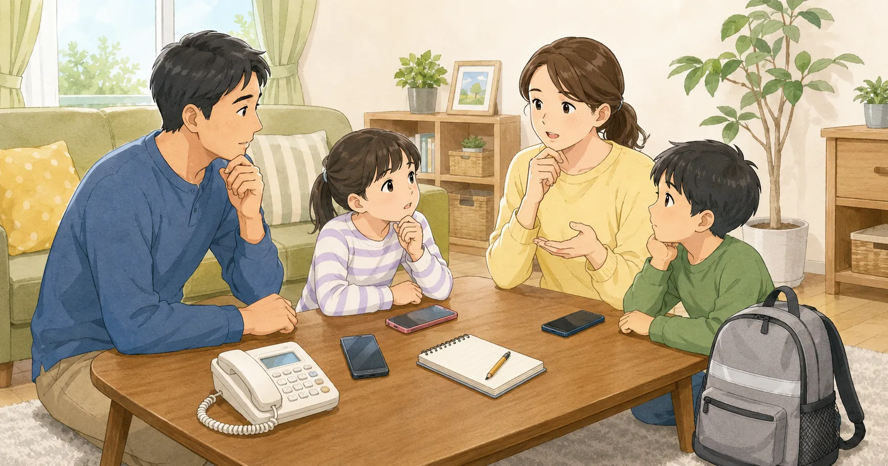 災害時の家族の連絡方法について話し合う4人家族のイラスト