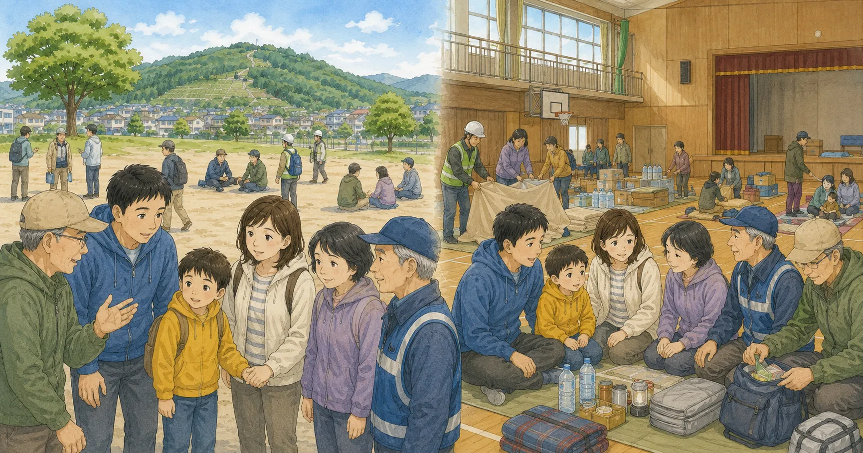 一時的に逃げる避難場所と避難生活を送る避難所の違いを示すイラスト