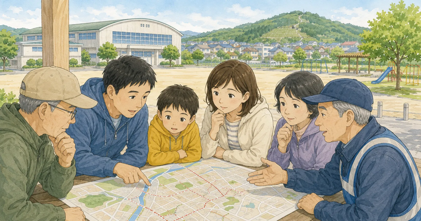 防災マップを見ながら避難場所と避難所について考える親子と地域の人のイラスト