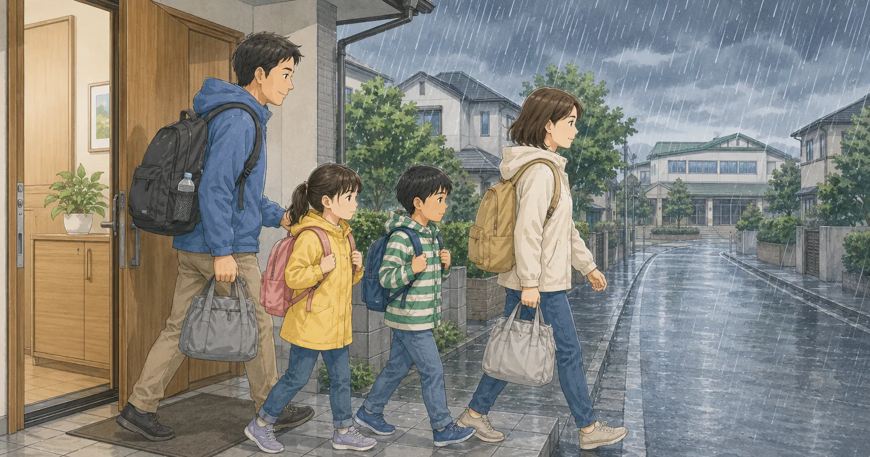 大雨の避難情報を受けて危険な場所から安全に避難する家族のイラスト
