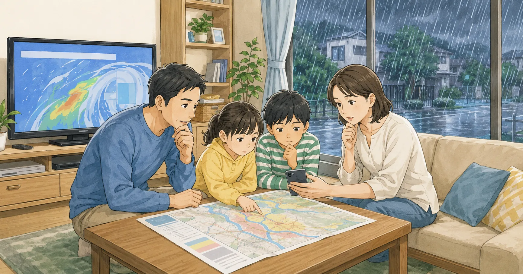 大雨の日に避難情報とハザードマップを確認する家族のイラスト