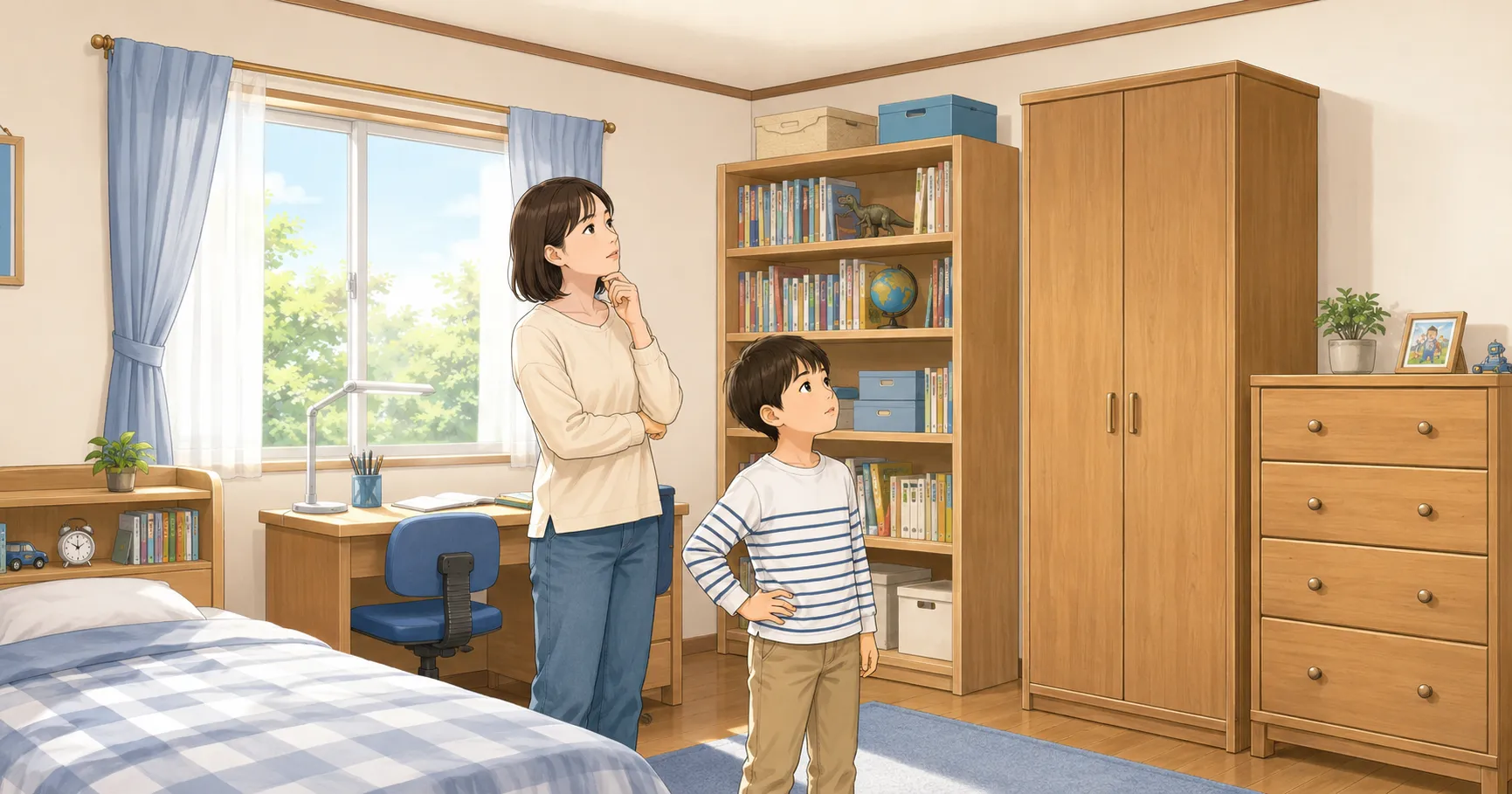 地震対策を考えながら部屋の家具を見ている親子のイラスト