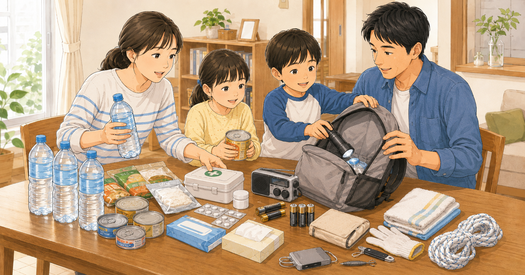 非常用持ち出し袋に水や保存食や懐中電灯などを入れて準備する家族のイラスト