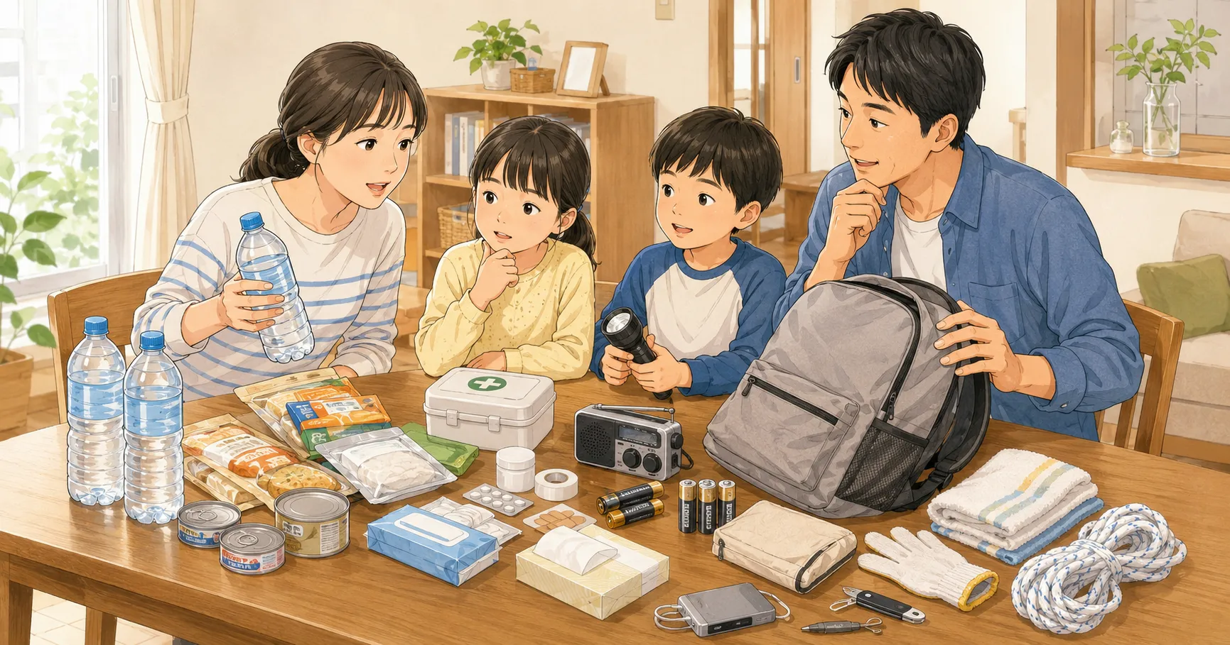 非常用持ち出し袋に何を入れるか家族で考えているイラスト