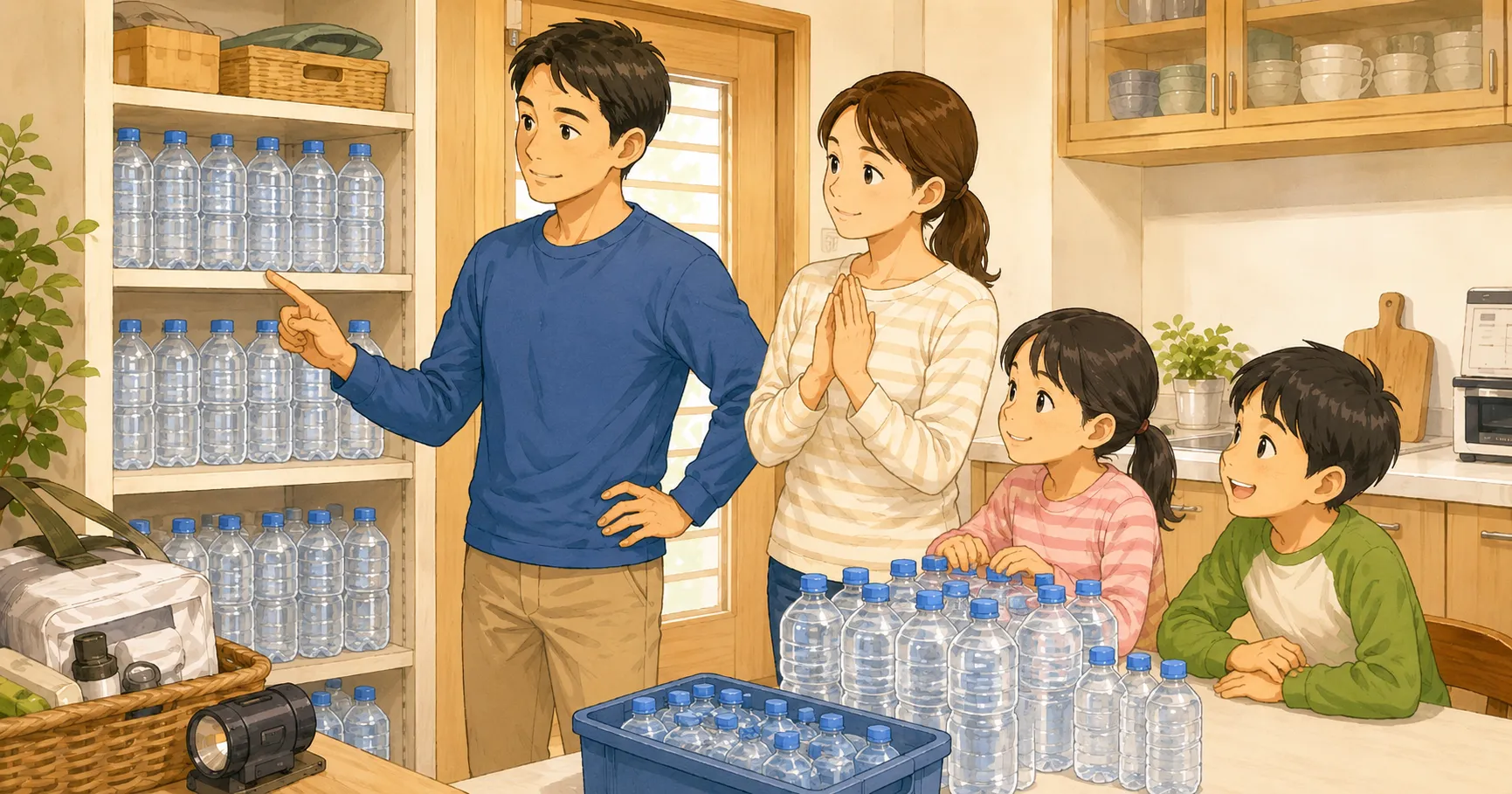災害に備えて飲料水をしっかり備蓄して確認する家族のイラスト