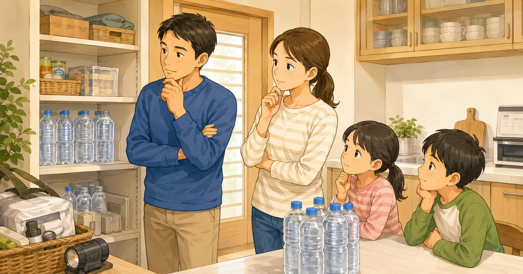 備蓄する飲料水の量を考えている家族のイラスト