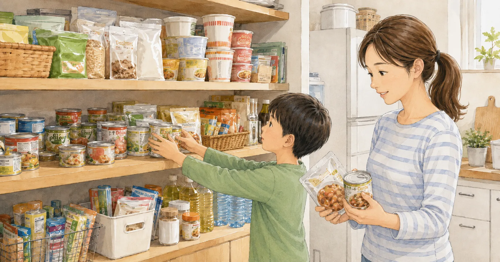 古い食品を使い新しい食品を補充してローリングストックを行う親子のイラスト