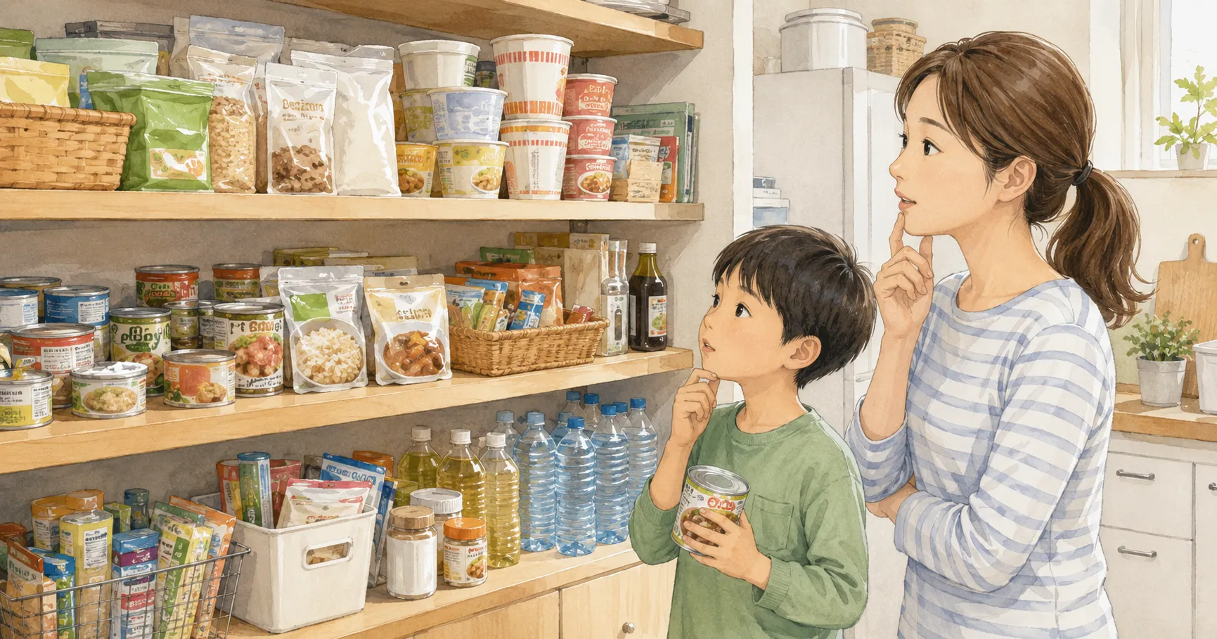 食品の備蓄方法を考えながら棚を見る親子のイラスト