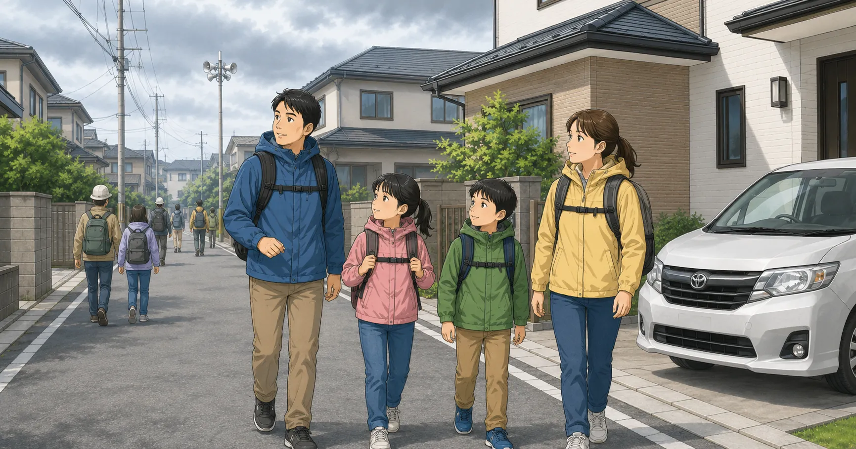 避難用リュックを背負って徒歩で避難する家族のイラスト