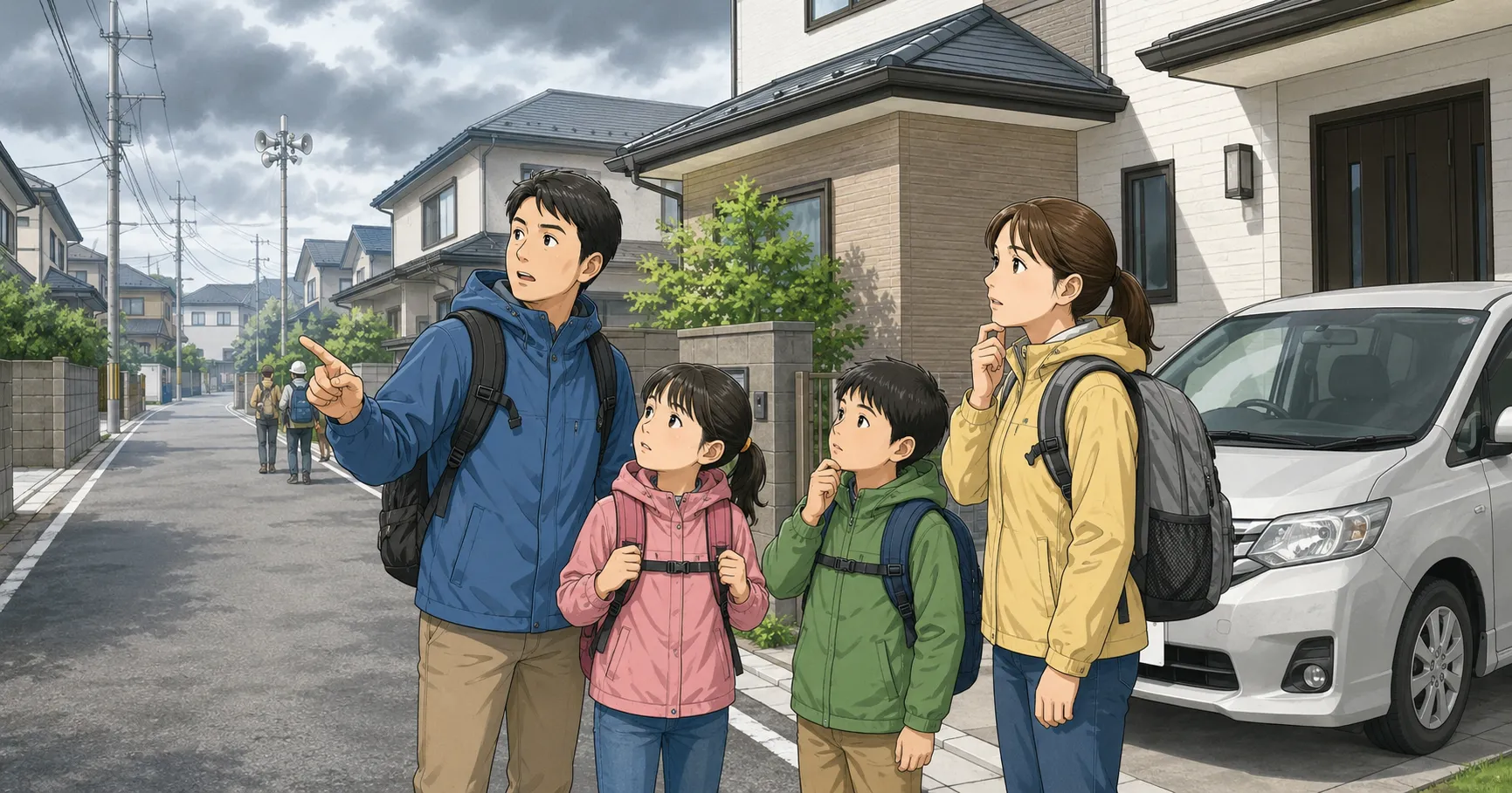 避難のために徒歩か車かを迷っている家族のイラスト