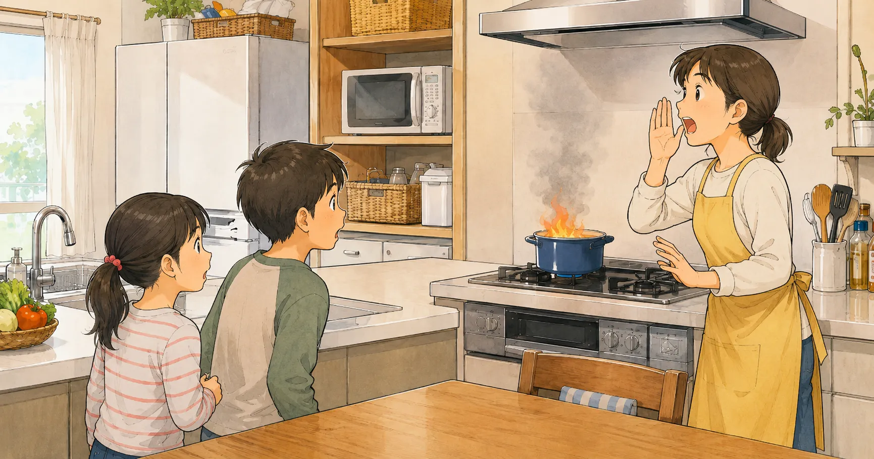 キッチンの火事に気づいて周囲に知らせる家族のイラスト
