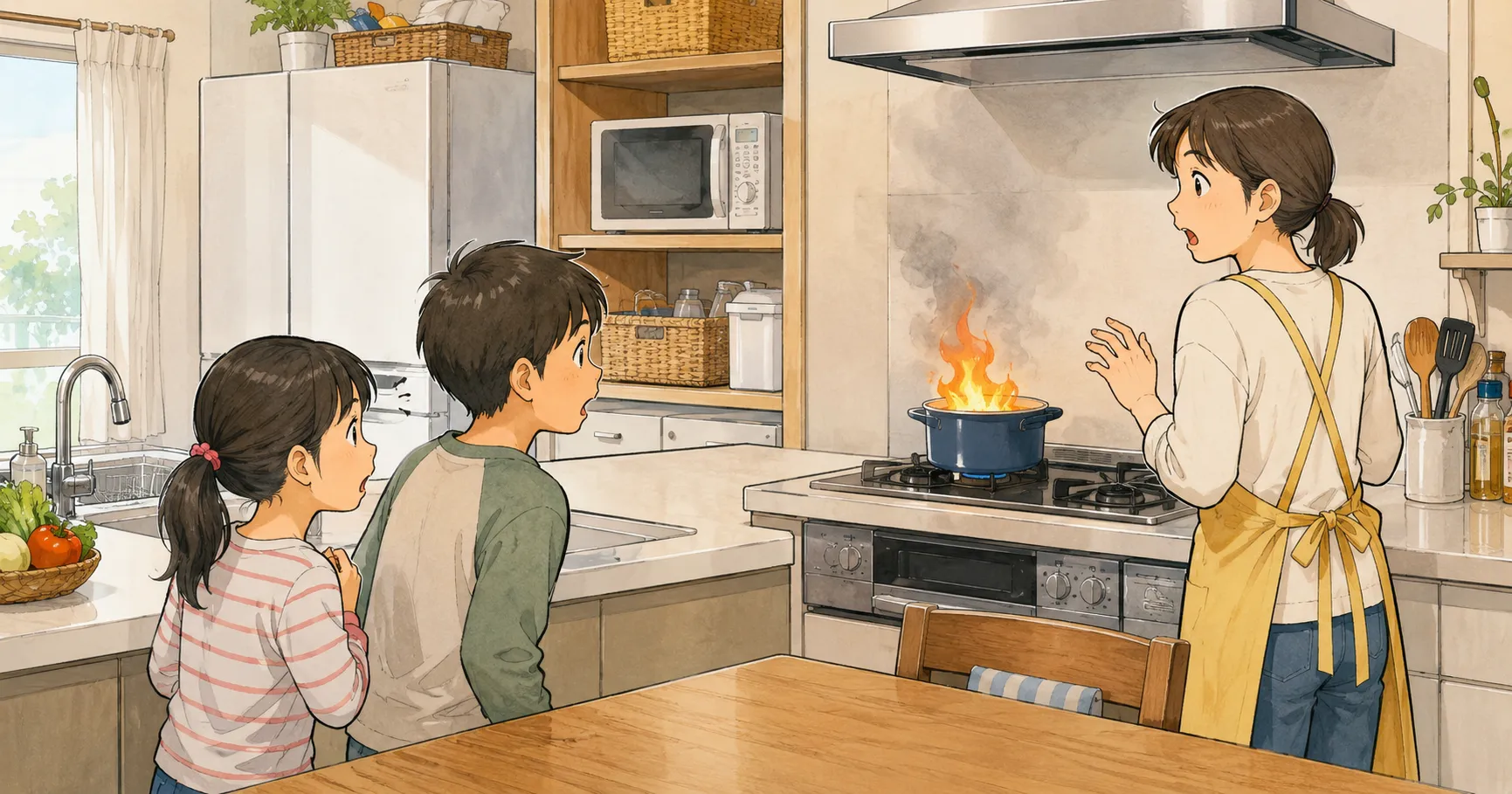 キッチンで小さな火事を見つけて驚く家族のイラスト