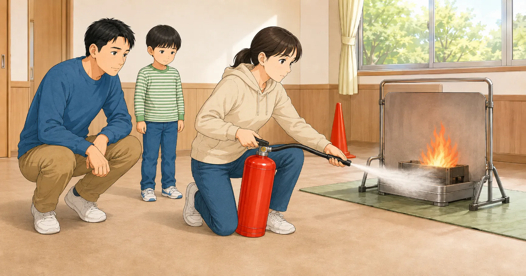消火器の安全ピンを抜きホースを火元に向けて使う練習をする家族のイラスト