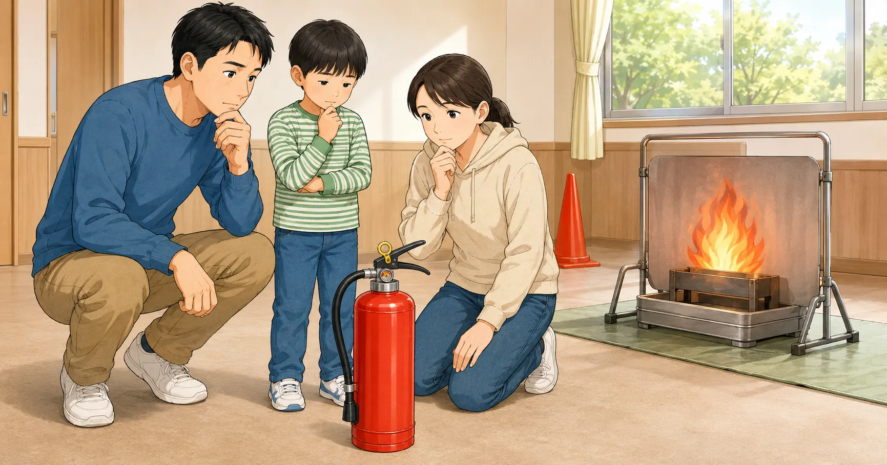 防災訓練で消火器の使い方を確認しようとしている家族のイラスト