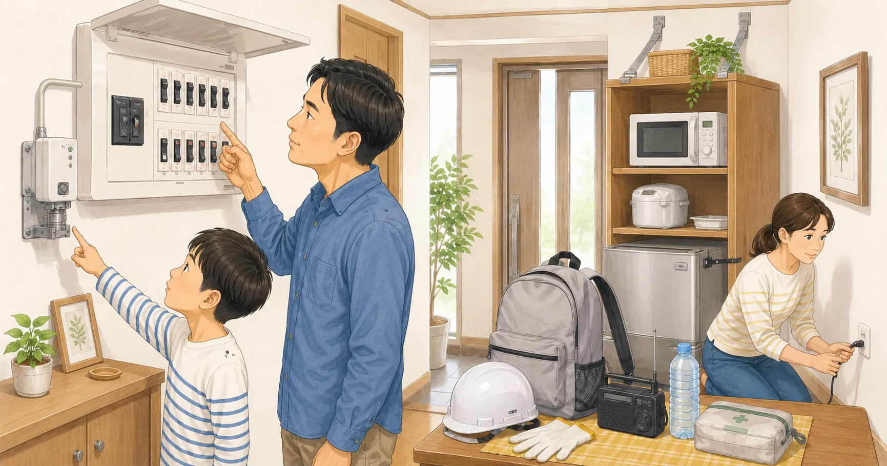 地震後の電気火災を防ぐため感震ブレーカーを確認する親子のイラスト