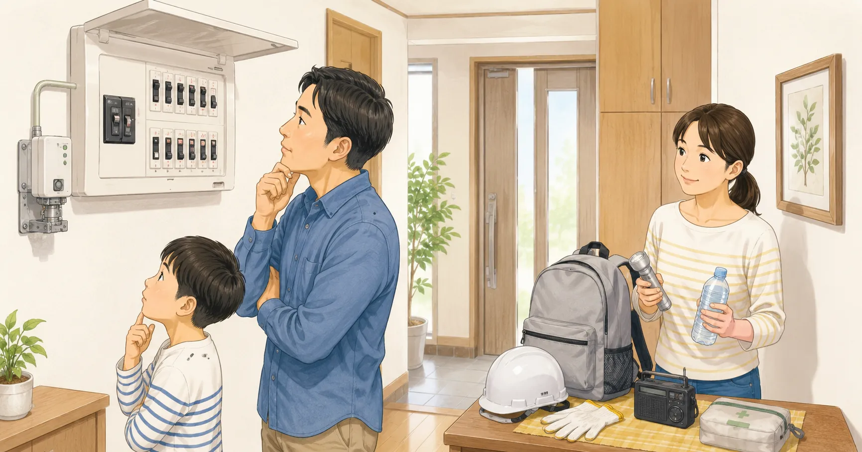 家庭の分電盤と感震ブレーカーを確認している親子のイラスト