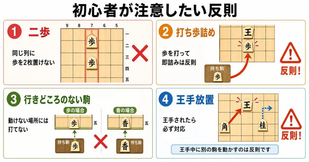将棋初心者が注意したい反則をまとめた図解