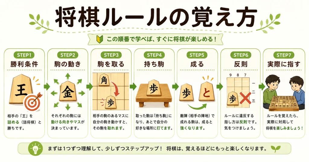 将棋のルールを初心者が覚える順番を7ステップで説明する図解